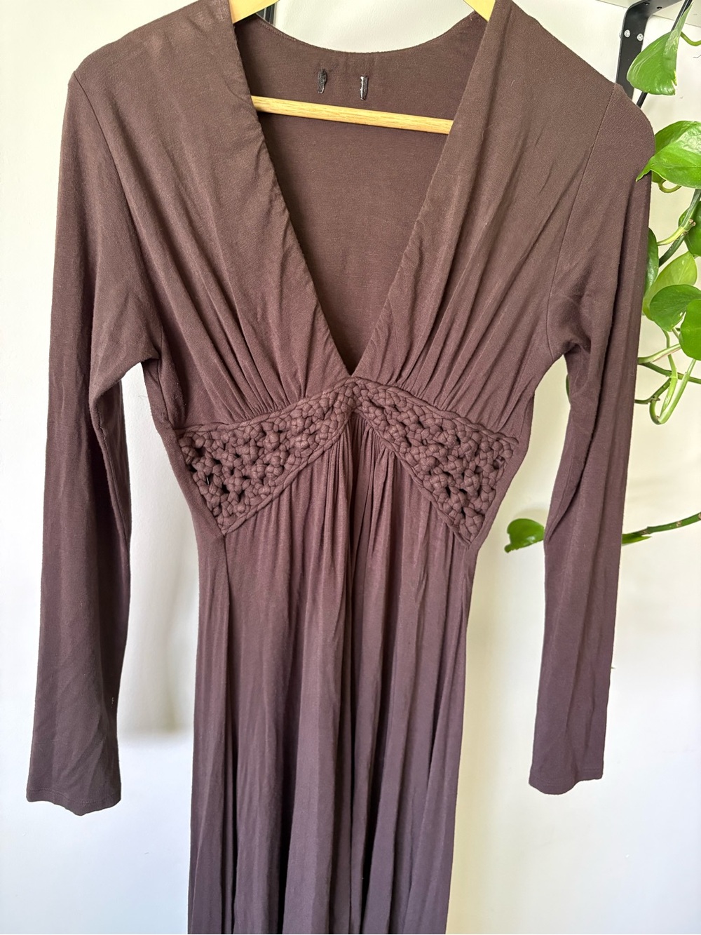 Long Brown V-Neck Women’s Dress with Crochet Waist - Picture 2 of 2